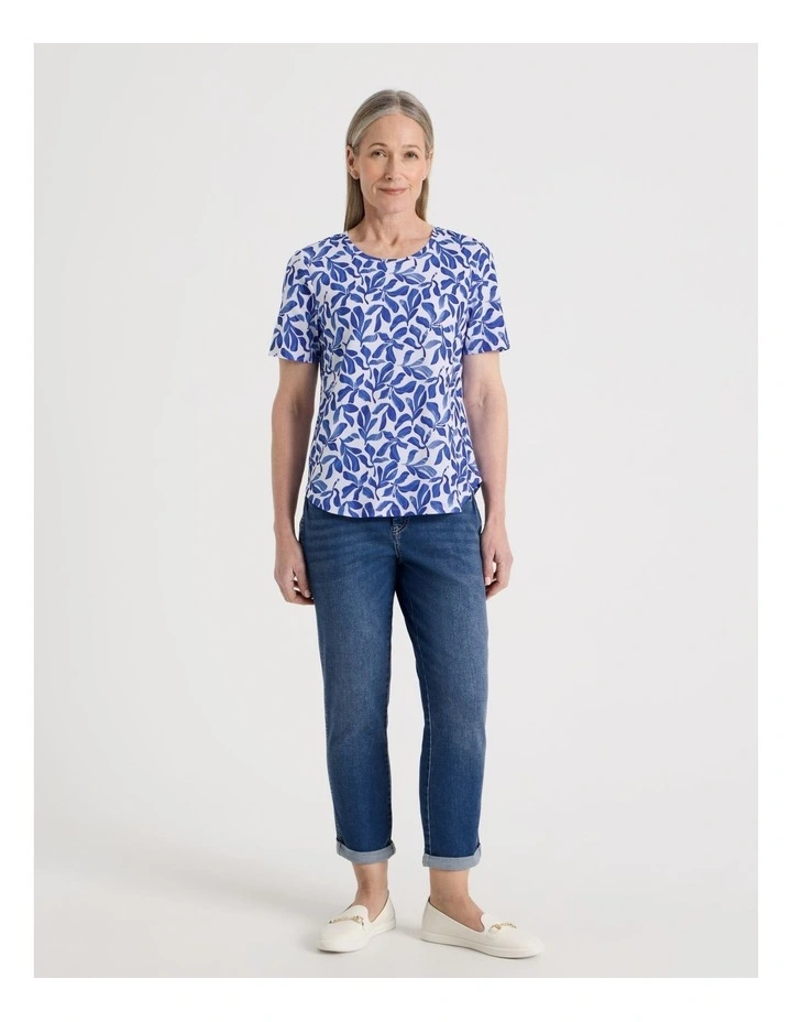Wardrobe Staple Short Sleeve Tee in White/Blues Watercolour Leaf Print image 7