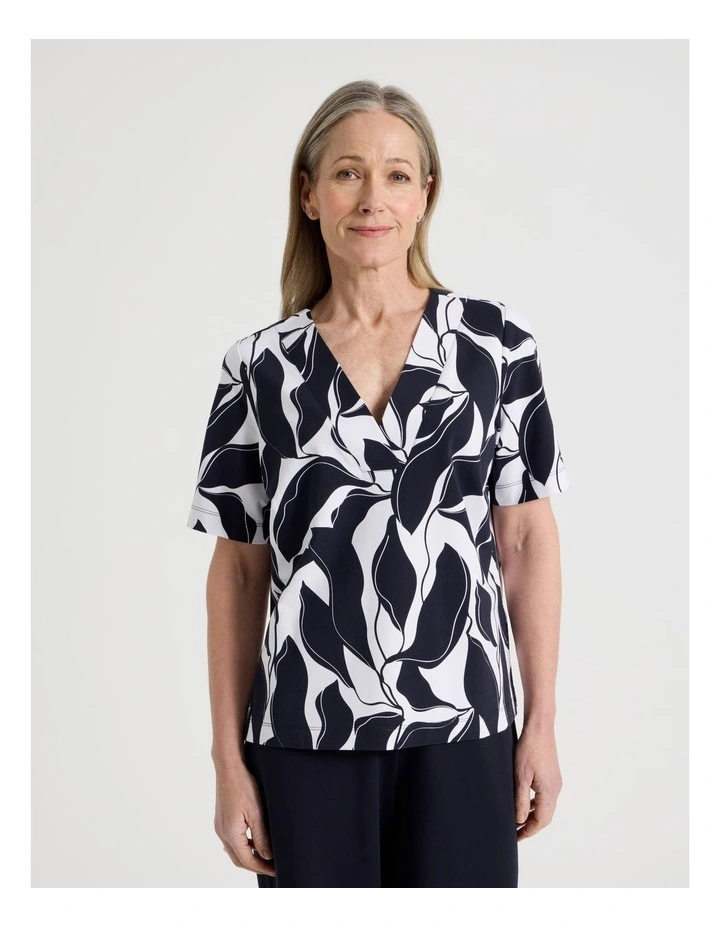 Short Sleeve V Neck Ponte Tee in Navy/Ivory Abstract Print image 1