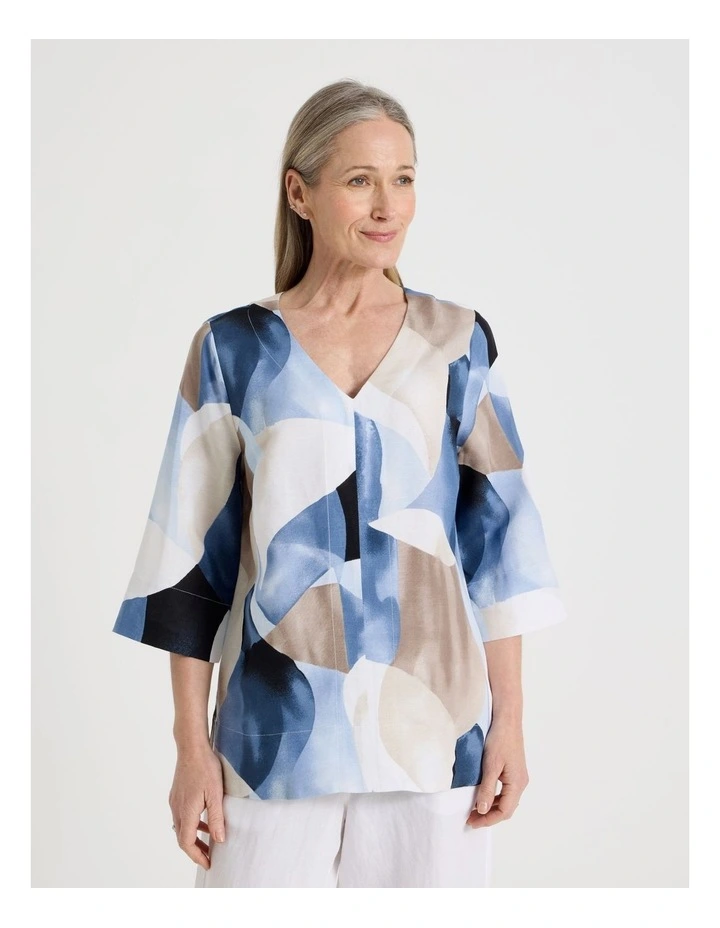 Long Sleeve V-Neck Tunic in Blues Sweeping Abstract Print image 1