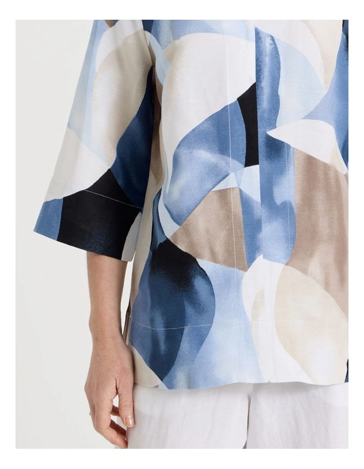 Long Sleeve V-Neck Tunic in Blues Sweeping Abstract Print image 3