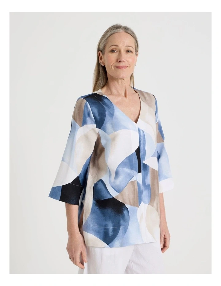 Long Sleeve V-Neck Tunic in Blues Sweeping Abstract Print image 4
