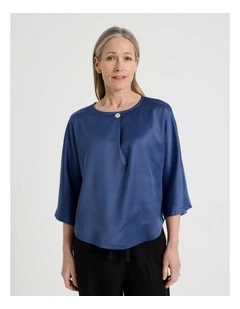 Satin Front Short Magyar Sleeve Mixed Media Tee in Slate
