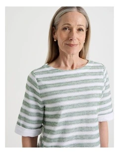 Short Sleeve Boat Neck Tee with Cuff in White and Leaf Green Embroidered Stripe