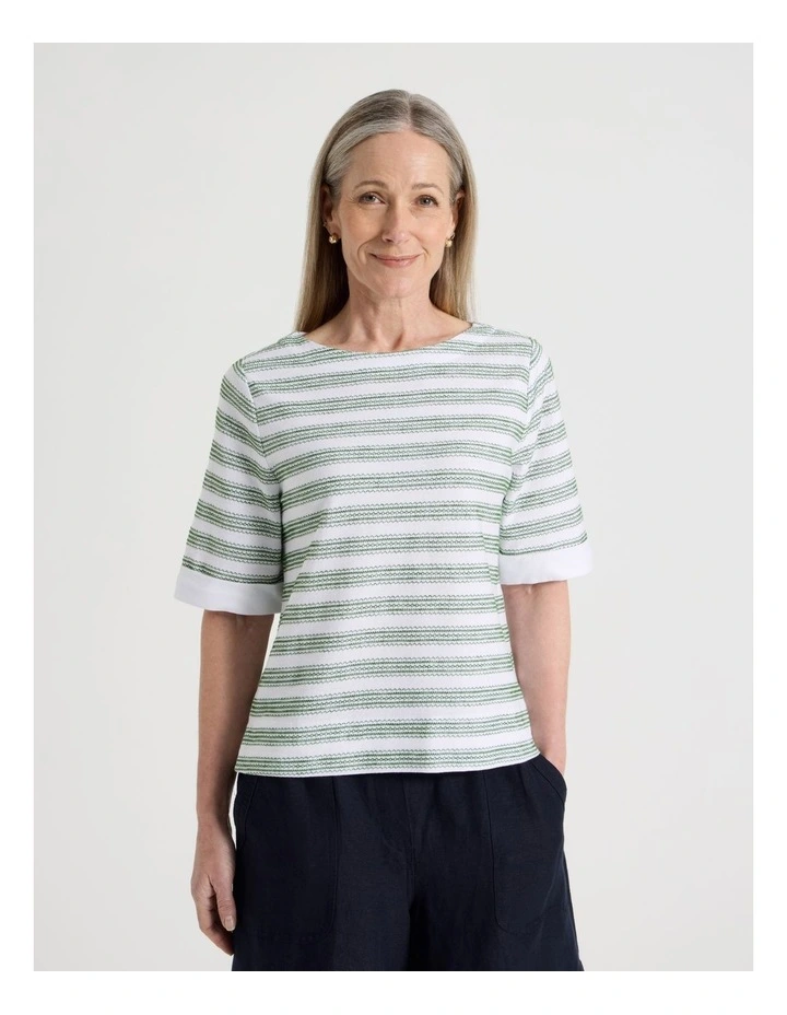 Short Sleeve Boat Neck Tee with Cuff in White and Leaf Green Embroidered Stripe image 2
