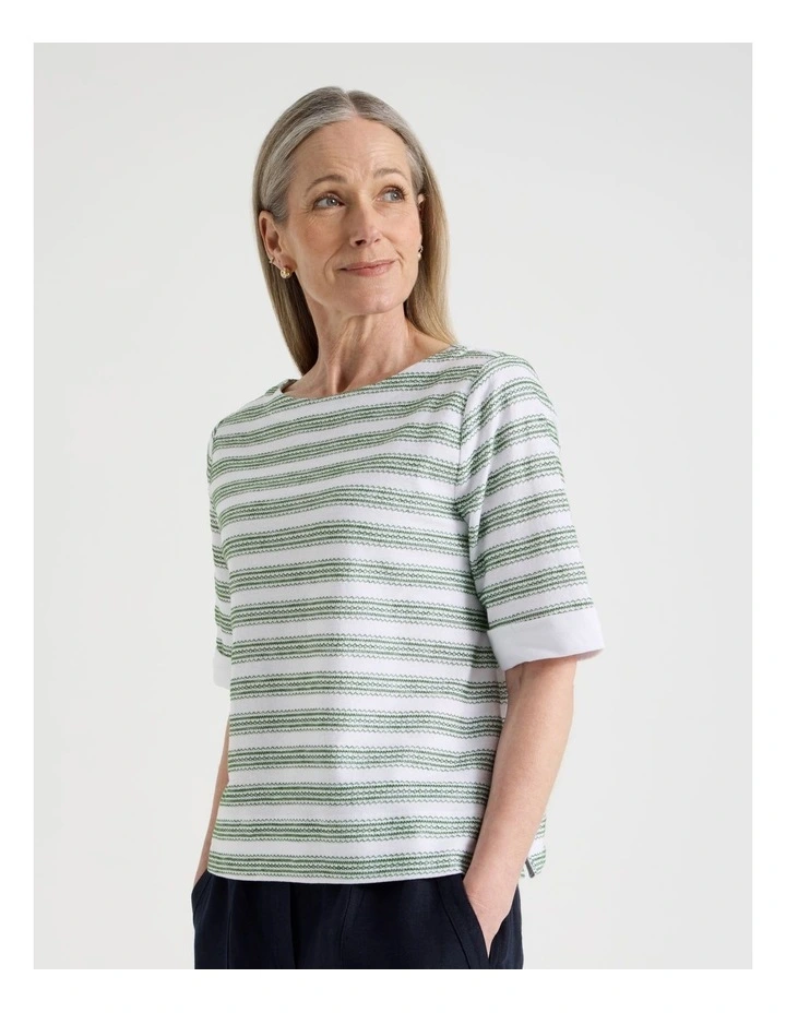 Short Sleeve Boat Neck Tee with Cuff in White and Leaf Green Embroidered Stripe image 3
