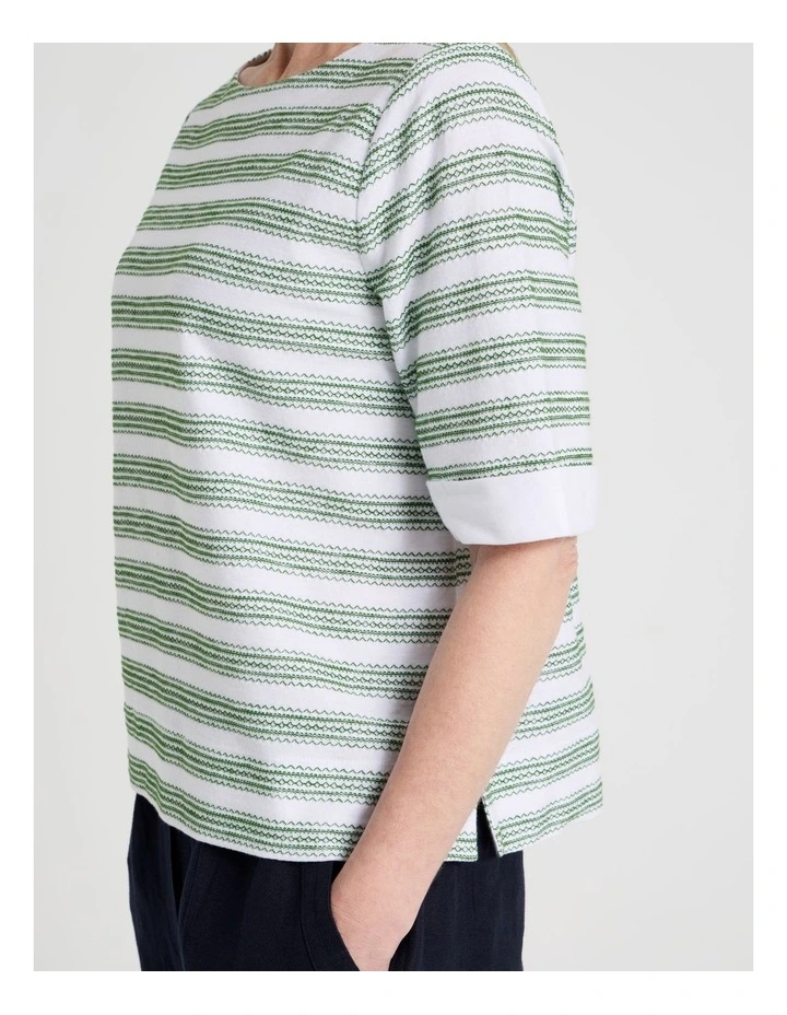 Short Sleeve Boat Neck Tee with Cuff in White and Leaf Green Embroidered Stripe image 4