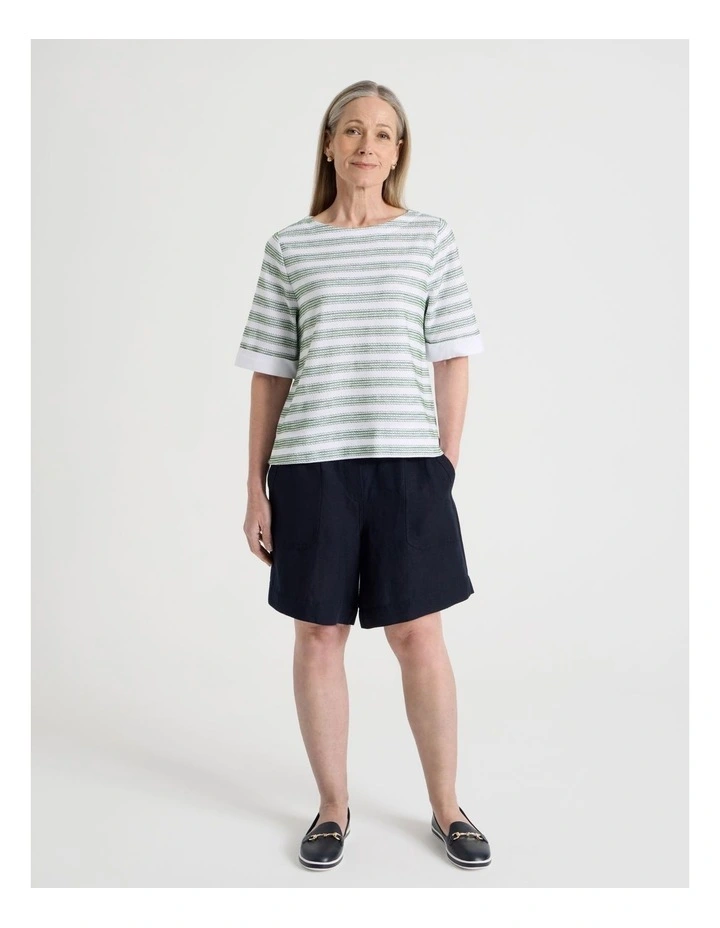 Short Sleeve Boat Neck Tee with Cuff in White and Leaf Green Embroidered Stripe image 5