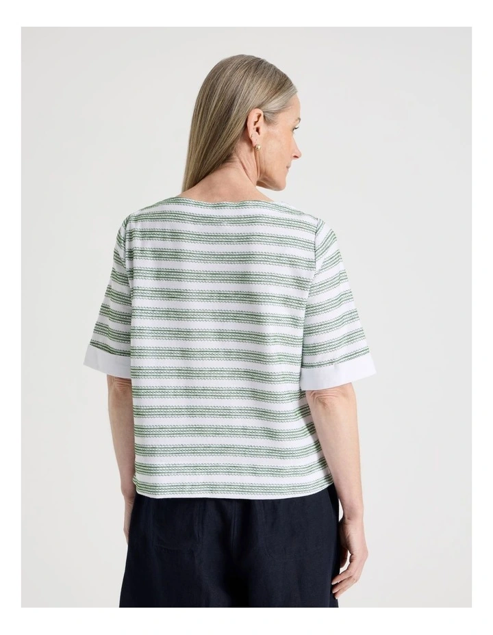Short Sleeve Boat Neck Tee with Cuff in White and Leaf Green Embroidered Stripe image 6