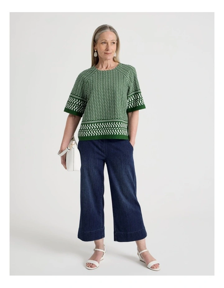 Raglan Sleeve Woven Front, Knit Back Tee in Leaf Green and White Border Print image 2