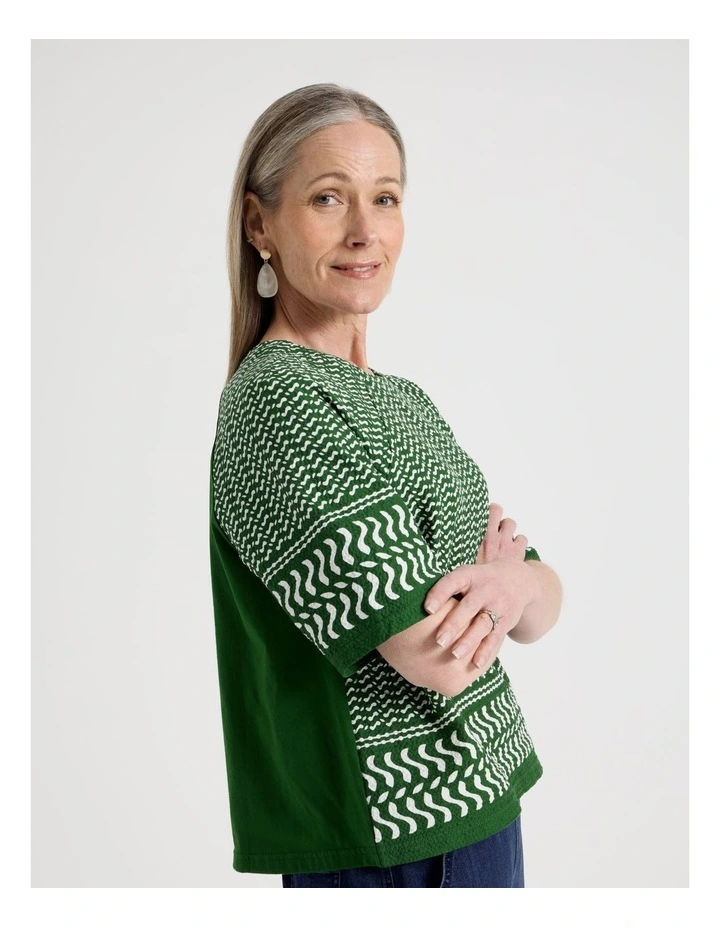 Raglan Sleeve Woven Front, Knit Back Tee in Leaf Green and White Border Print image 3
