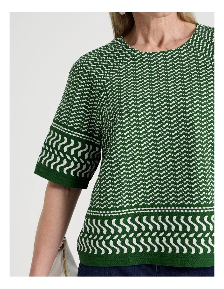 Raglan Sleeve Woven Front, Knit Back Tee in Leaf Green and White Border Print image 4