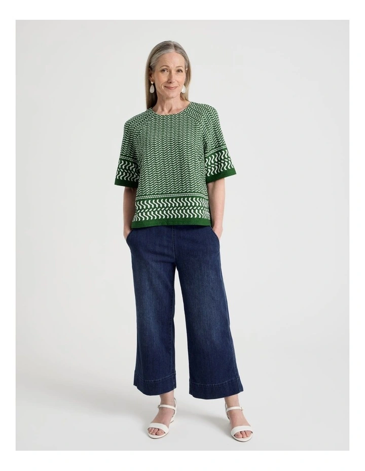 Raglan Sleeve Woven Front, Knit Back Tee in Leaf Green and White Border Print image 5