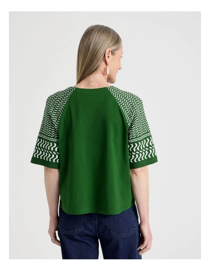 Raglan Sleeve Woven Front, Knit Back Tee in Leaf Green and White Border Print image 6