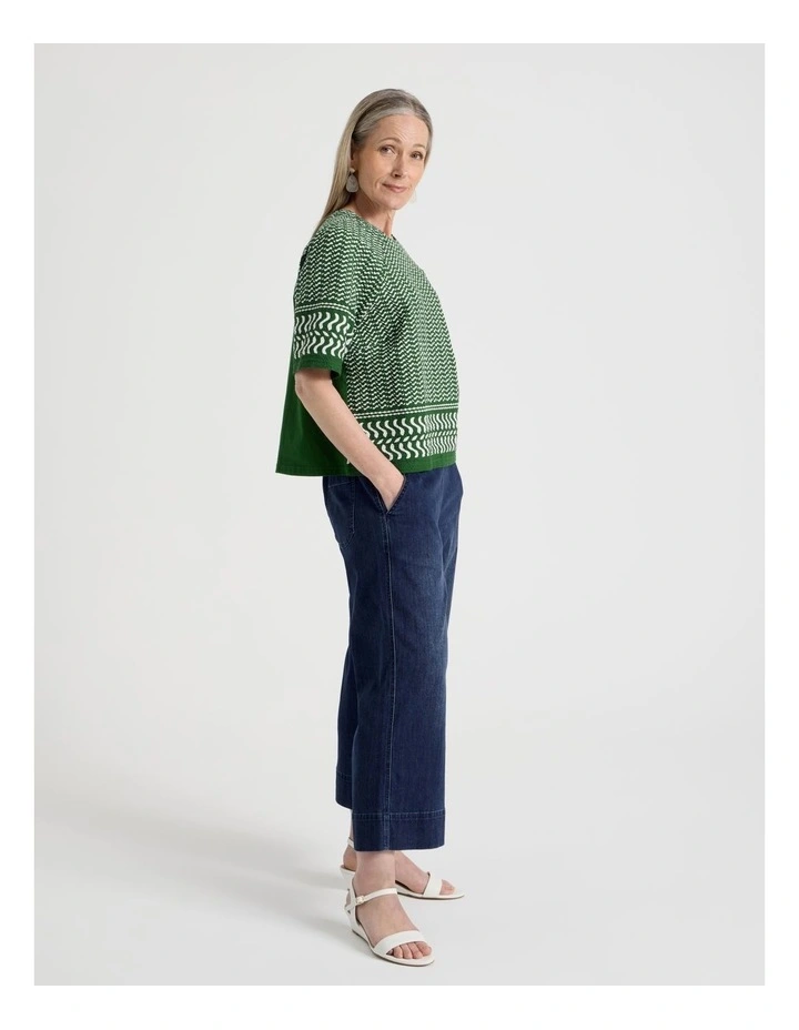 Raglan Sleeve Woven Front, Knit Back Tee in Leaf Green and White Border Print image 7