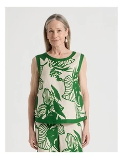 Sleeveless Shell Top With Solid Contrasts in Neutral/Leaf Green Print