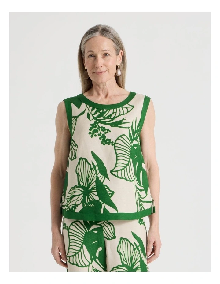 Sleeveless Shell Top With Solid Contrasts in Neutral/Leaf Green Print image 1