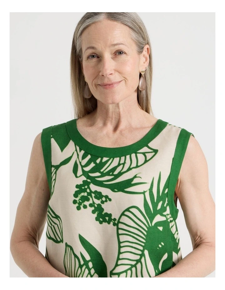 Sleeveless Shell Top With Solid Contrasts in Neutral/Leaf Green Print image 3
