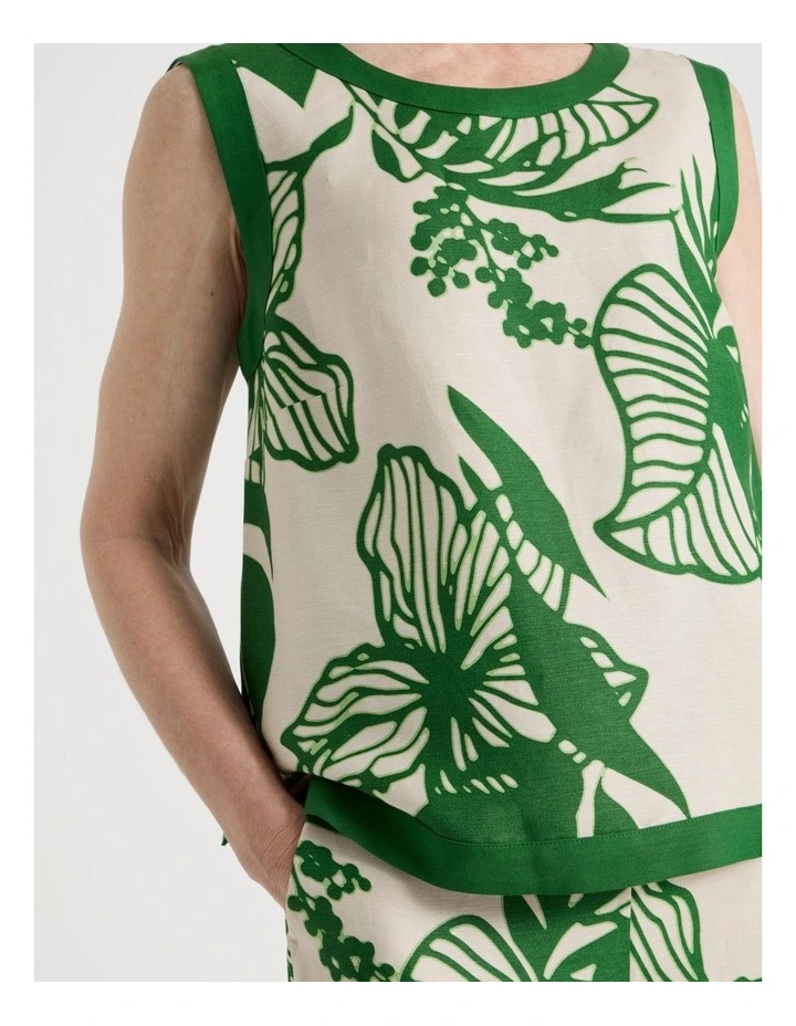 Sleeveless Shell Top With Solid Contrasts in Neutral/Leaf Green Print image 4