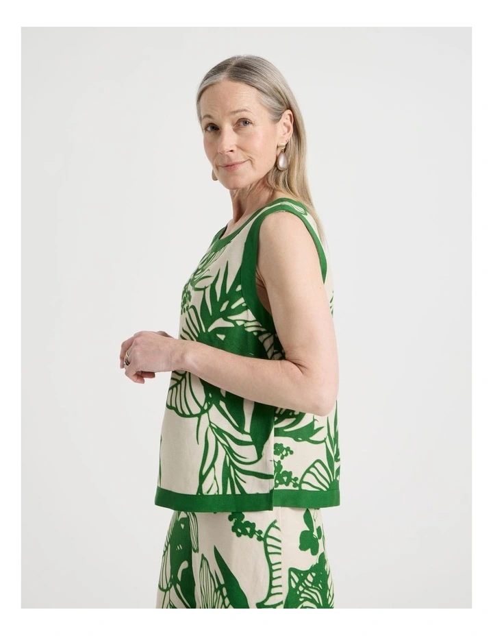 Sleeveless Shell Top With Solid Contrasts in Neutral/Leaf Green Print image 5
