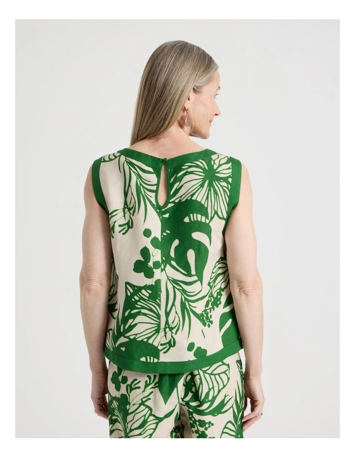 Sleeveless Shell Top With Solid Contrasts in Neutral/Leaf Green Print image 6