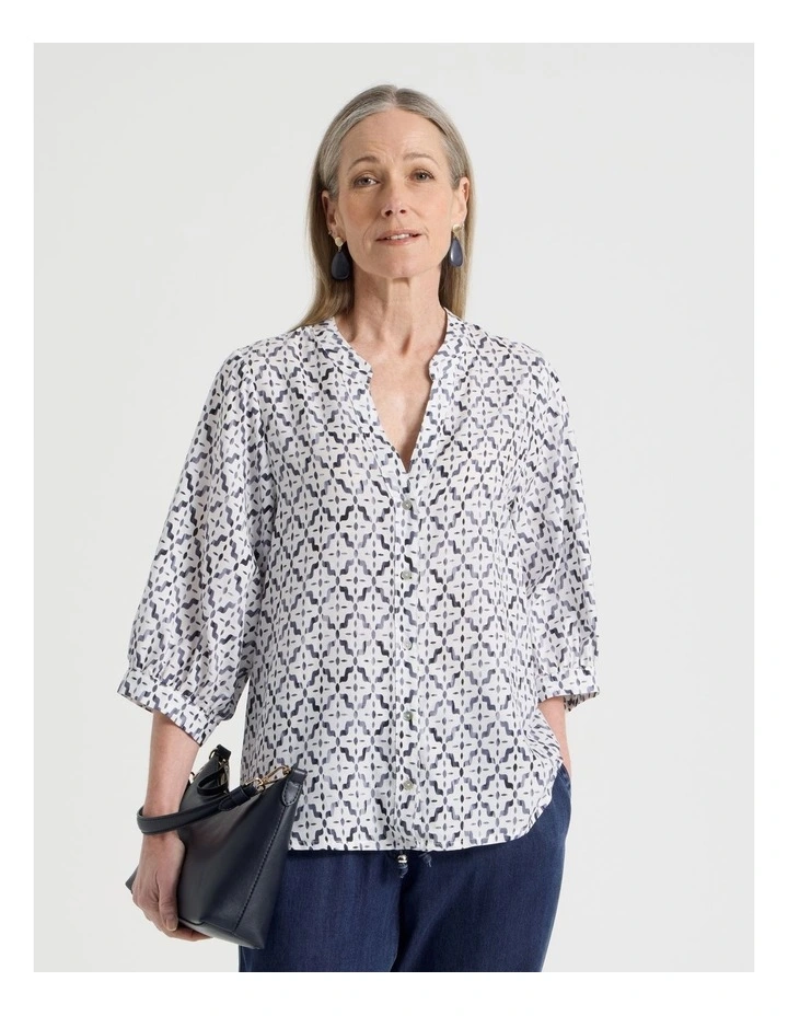 3/4 Sleeve Split Back Shirt in Blue and White Tile Print image 1