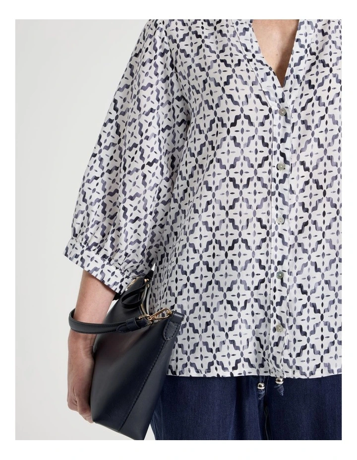 3/4 Sleeve Split Back Shirt in Blue and White Tile Print image 3