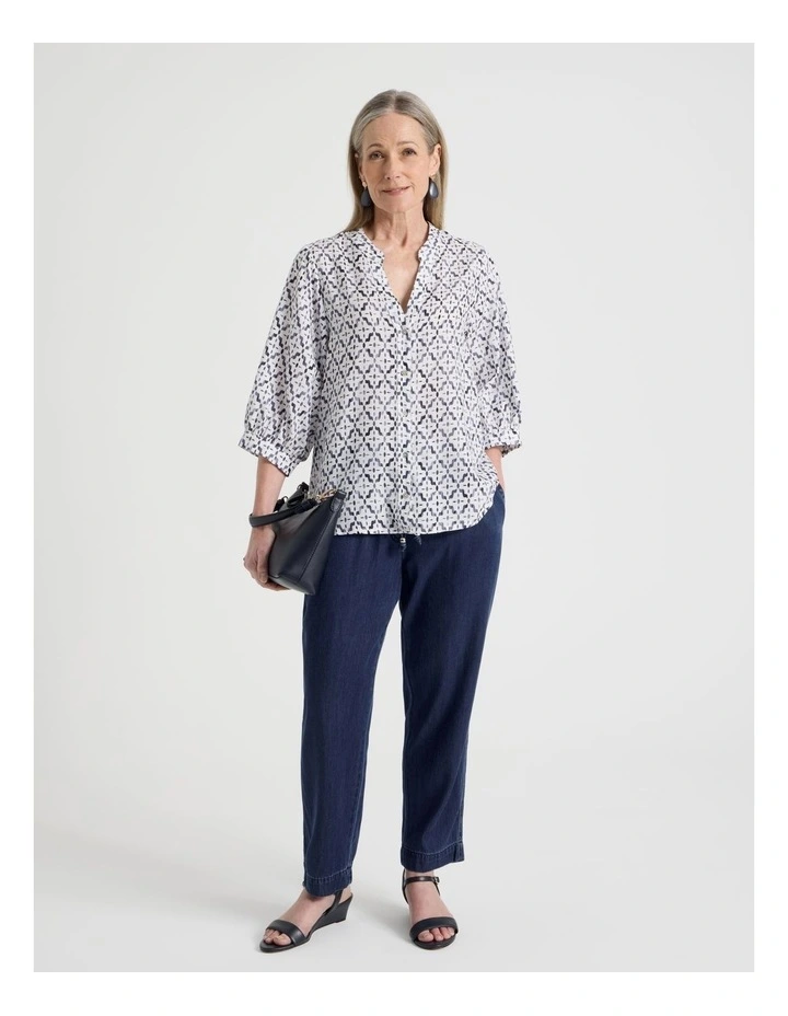 3/4 Sleeve Split Back Shirt in Blue and White Tile Print image 4