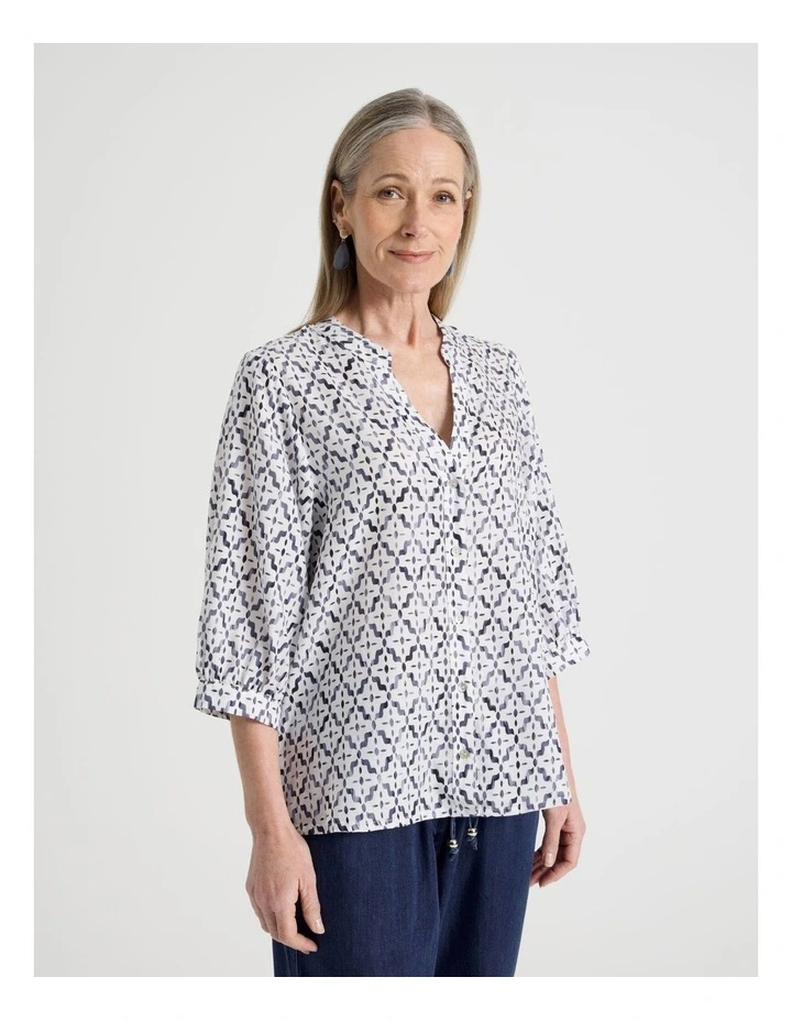 3/4 Sleeve Split Back Shirt in Blue and White Tile Print image 5