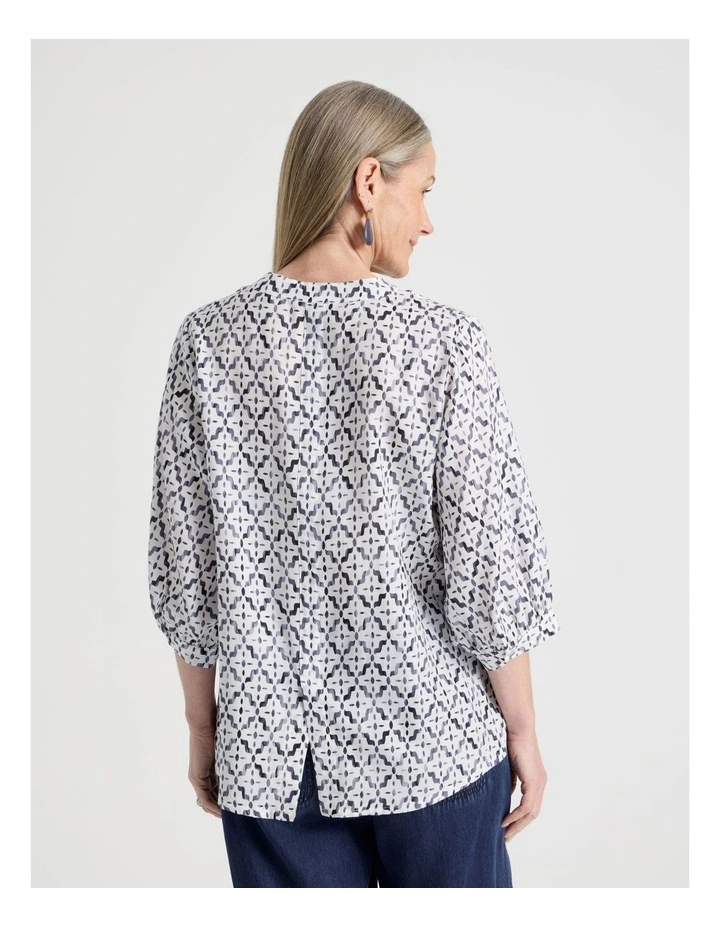 3/4 Sleeve Split Back Shirt in Blue and White Tile Print image 6