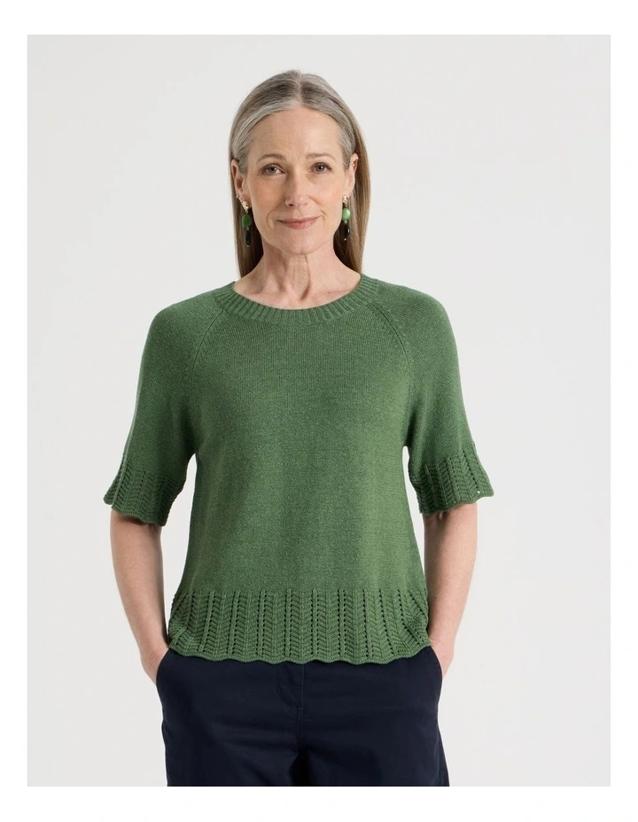 Raglan Short Sleeve Knitted Top with Pointelle Ribs in Green image 1