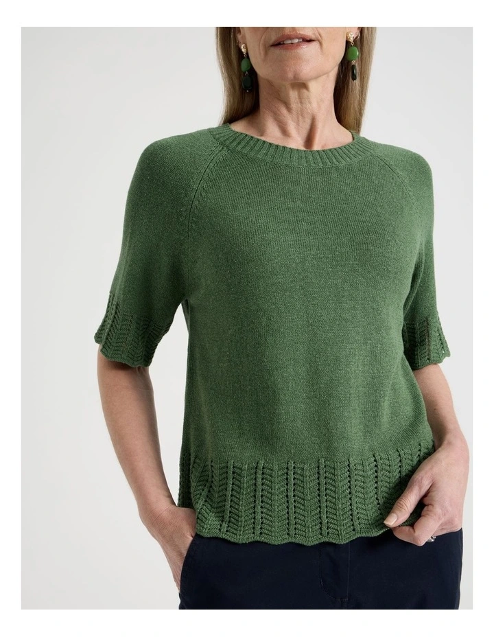Raglan Short Sleeve Knitted Top with Pointelle Ribs in Green image 2