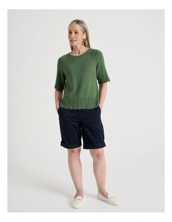 Raglan Short Sleeve Knitted Top with Pointelle Ribs in Green image 3