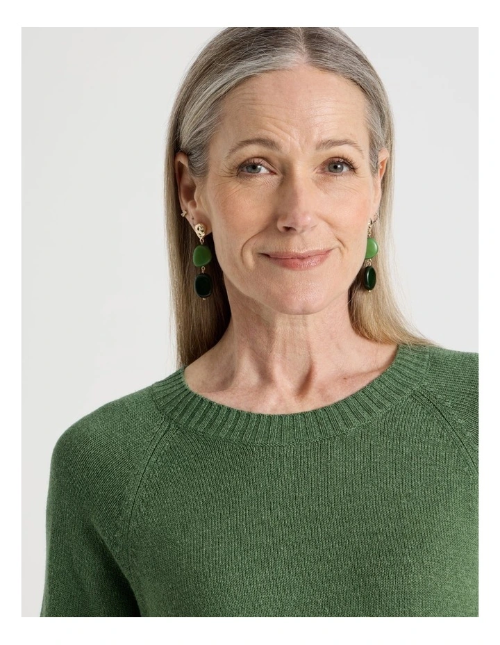 Raglan Short Sleeve Knitted Top with Pointelle Ribs in Green image 4