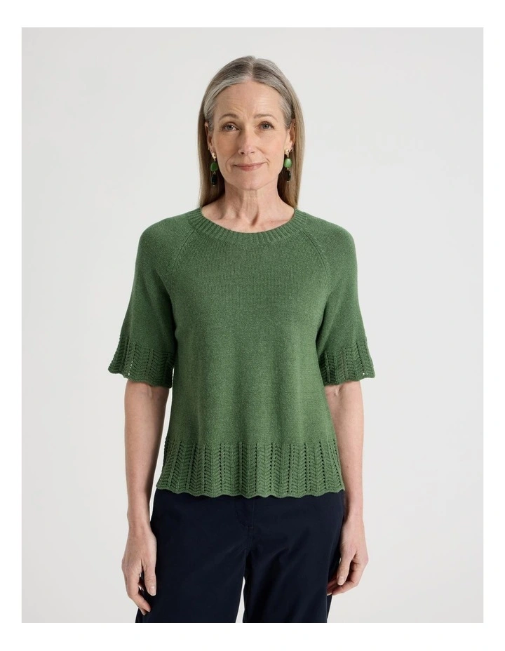 Raglan Short Sleeve Knitted Top with Pointelle Ribs in Green image 5