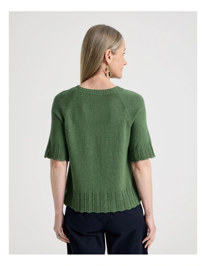 Raglan Short Sleeve Knitted Top with Pointelle Ribs in Green image 6