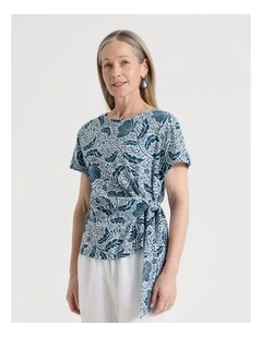 Petites Tie Side Short Sleeve Tee in Teal/White Floral