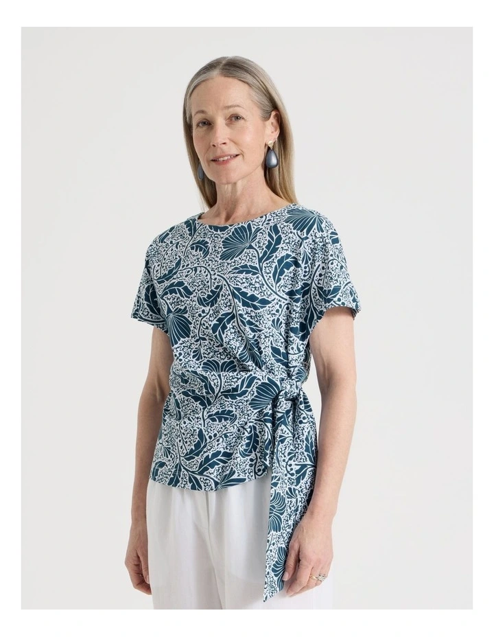 Petites Tie Side Short Sleeve Tee in Teal/White Floral image 1