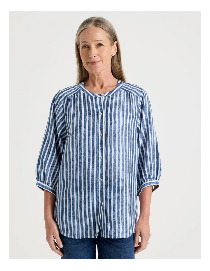 Stand Collar Full Sleeve Shirt in Blue Stripe image 1
