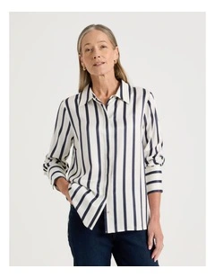 Long Sleeve Button Up Shirt in Ivory/Navy Stripe
