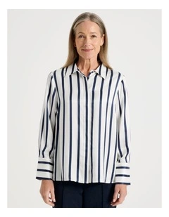 Long Sleeve Button Up Shirt in Ivory/Navy Stripe