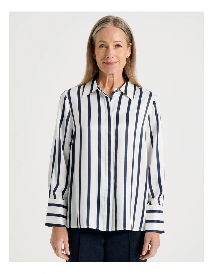 Long Sleeve Button Up Shirt in Ivory/Navy Stripe image 1