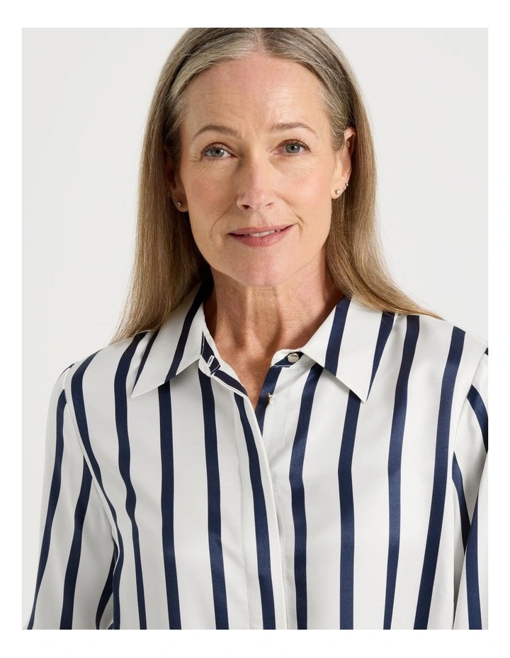 Long Sleeve Button Up Shirt in Ivory/Navy Stripe image 3