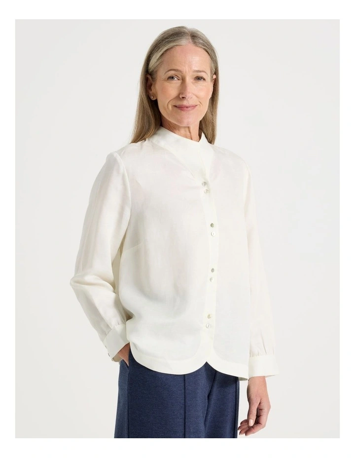 Stand Collar Long Sleeve Shirt With Gathering At Cuff in Ivory image 1