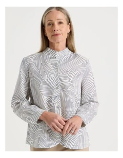 Stand Collar Long Sleeve Shirt With Gathering At Cuff in Ivory Line Print