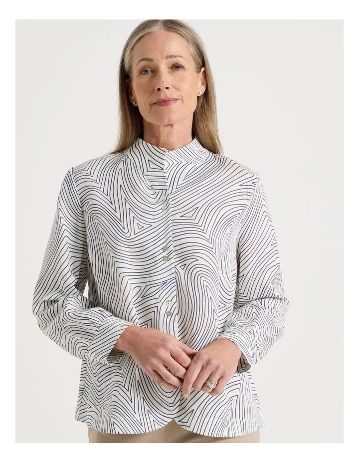 Stand Collar Long Sleeve Shirt With Gathering At Cuff in Ivory Line Print image 1