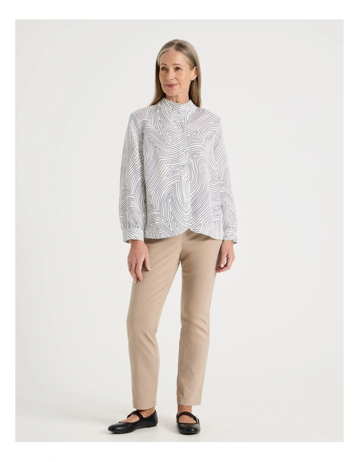 Stand Collar Long Sleeve Shirt With Gathering At Cuff in Ivory Line Print image 4