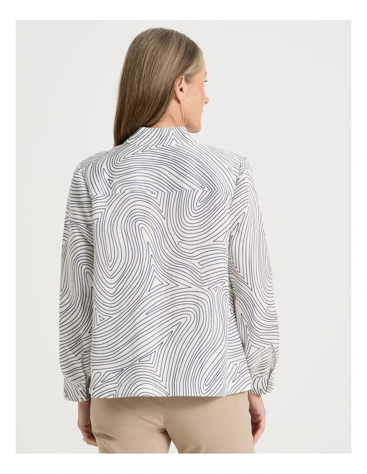 Stand Collar Long Sleeve Shirt With Gathering At Cuff in Ivory Line Print image 6