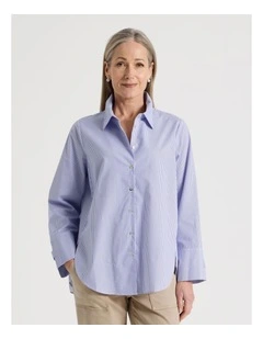 Stand Collar Long Sleeve Shirt With Forward Seams in Cobalt/White