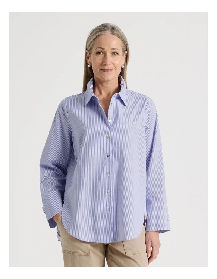 Stand Collar Long Sleeve Shirt With Forward Seams in Cobalt/White image 1