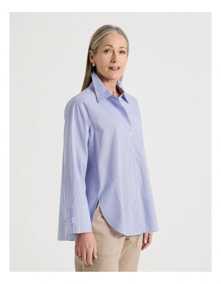 Stand Collar Long Sleeve Shirt With Forward Seams in Cobalt/White image 3